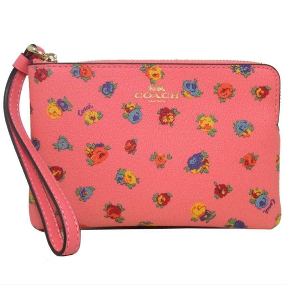 😺COACH Wristlet Corner Zip with Mini Vintage Rose Print in Gold/Pink Lemonade - Picture 3 of 15